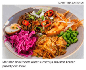 Ravintola Matildan suosittu Korean BBQ Pulled Pork -lounaskulho.